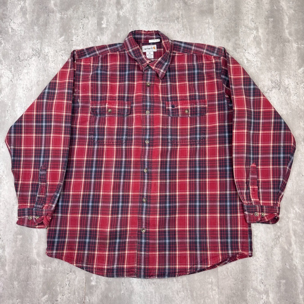 Vintage Carhartt‎ Shirt Mens XL Red Plaid Flannel Button Outdoor Workwear Pocket